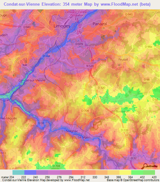 Condat-sur-Vienne,France Elevation Map