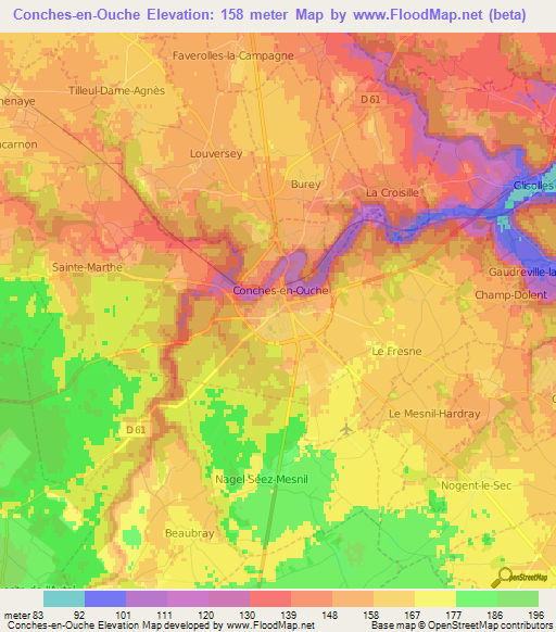 Conches-en-Ouche,France Elevation Map