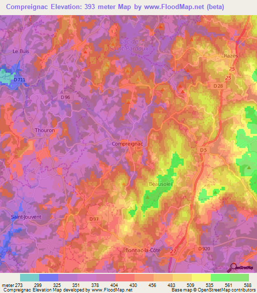 Compreignac,France Elevation Map