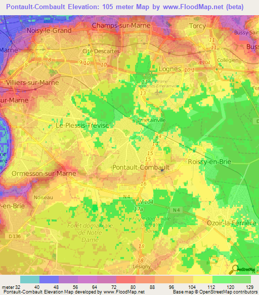 Pontault-Combault,France Elevation Map