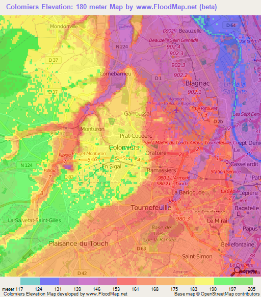 Colomiers,France Elevation Map