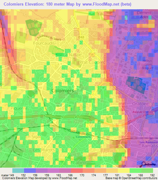 Colomiers,France Elevation Map