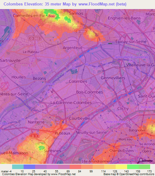 Colombes,France Elevation Map