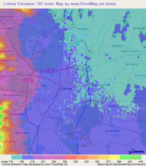 Colmar,France Elevation Map