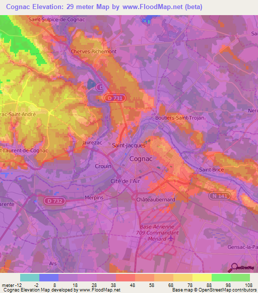 Cognac,France Elevation Map