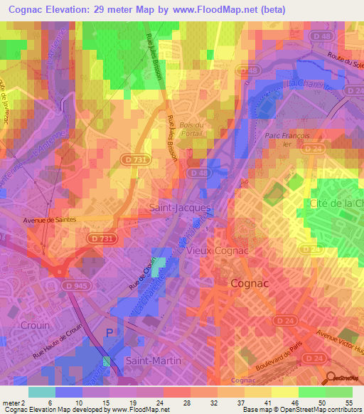 Cognac,France Elevation Map