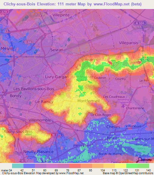 Clichy-sous-Bois,France Elevation Map