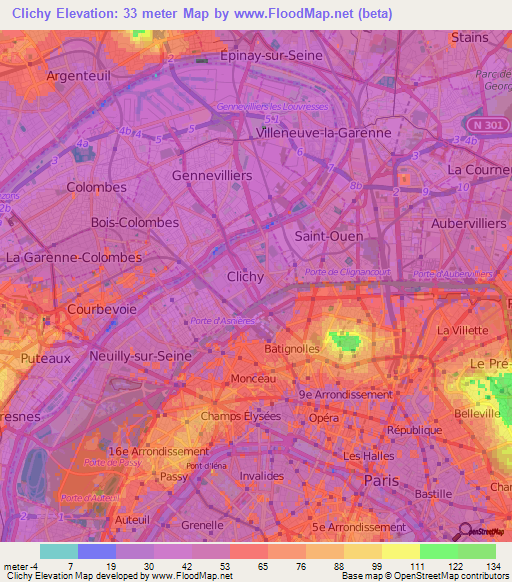 Clichy,France Elevation Map