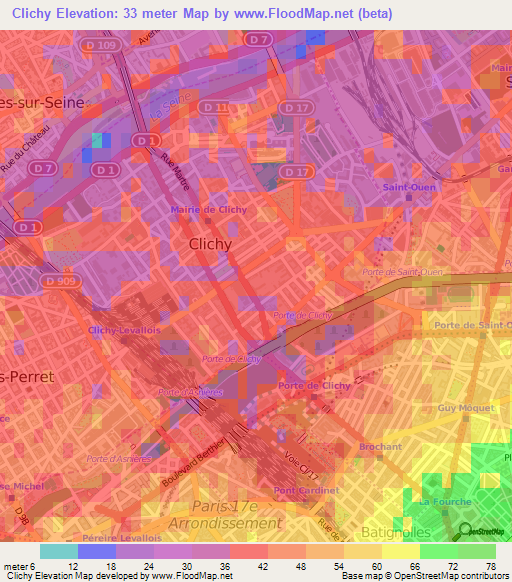 Clichy,France Elevation Map