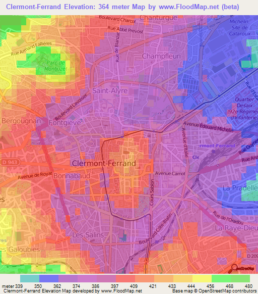 Clermont-Ferrand,France Elevation Map