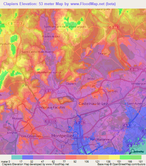 Clapiers,France Elevation Map