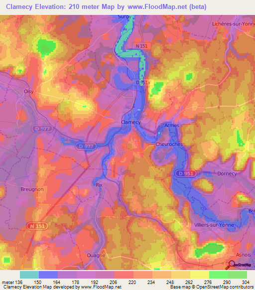 Clamecy,France Elevation Map