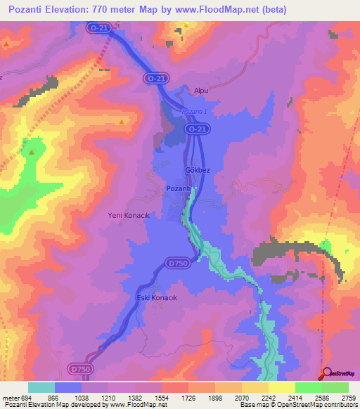 Pozanti,Turkey Elevation Map