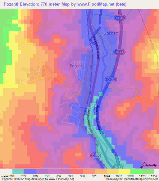 Pozanti,Turkey Elevation Map