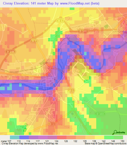 Civray,France Elevation Map