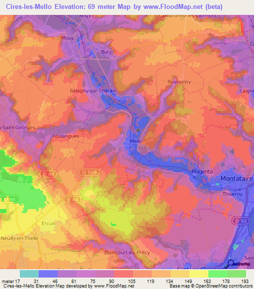 Cires-les-Mello,France Elevation Map