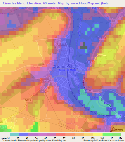 Cires-les-Mello,France Elevation Map