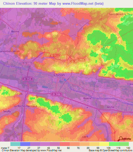 Chinon,France Elevation Map