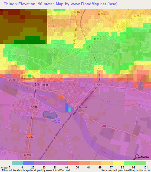 Chinon,France Elevation Map