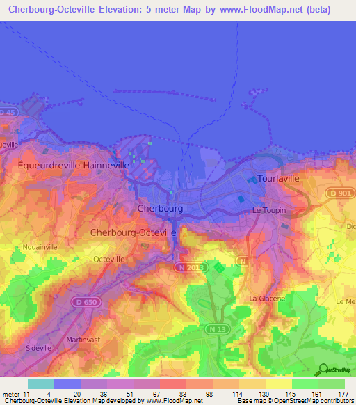 Cherbourg-Octeville,France Elevation Map