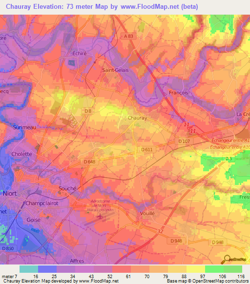 Chauray,France Elevation Map