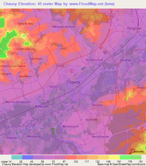 Chauny,France Elevation Map