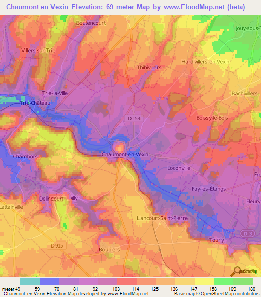 Chaumont-en-Vexin,France Elevation Map