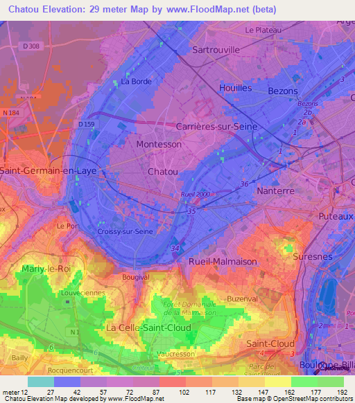 Chatou,France Elevation Map