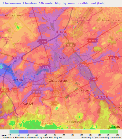 Chateauroux,France Elevation Map