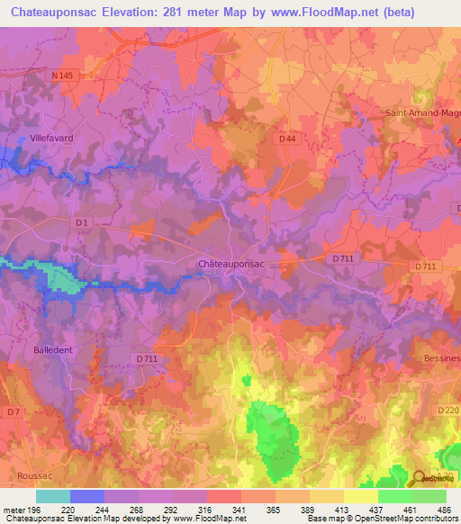 Chateauponsac,France Elevation Map