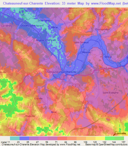 Chateauneuf-sur-Charente,France Elevation Map