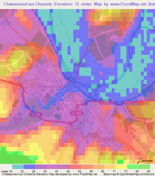 Chateauneuf-sur-Charente,France Elevation Map