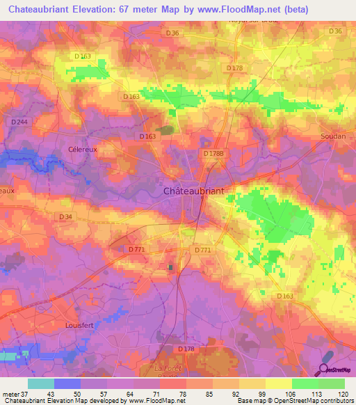 Chateaubriant,France Elevation Map