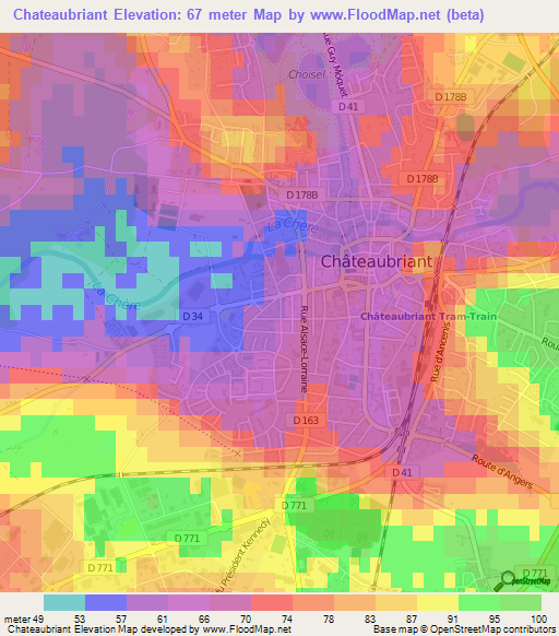 Chateaubriant,France Elevation Map