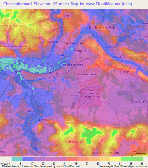 Chateaubernard,France Elevation Map