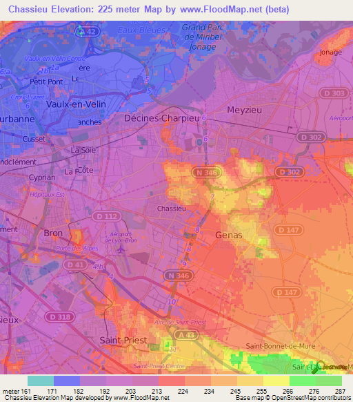 Chassieu,France Elevation Map