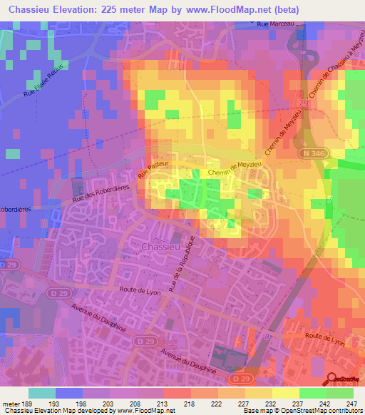 Chassieu,France Elevation Map