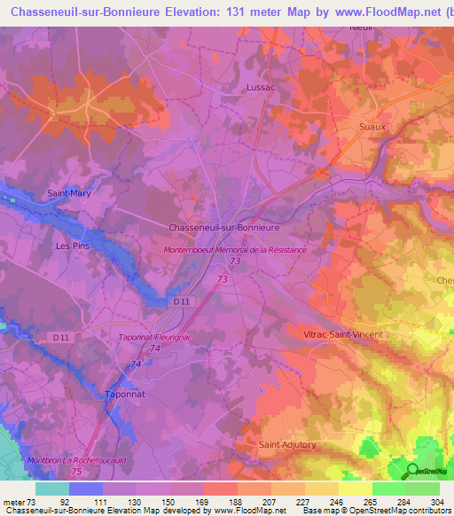 Chasseneuil-sur-Bonnieure,France Elevation Map