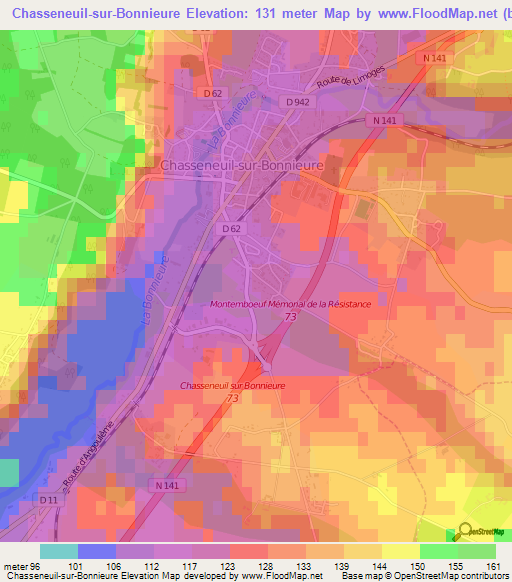 Chasseneuil-sur-Bonnieure,France Elevation Map