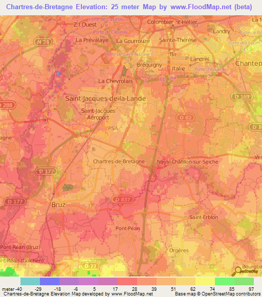 Chartres-de-Bretagne,France Elevation Map