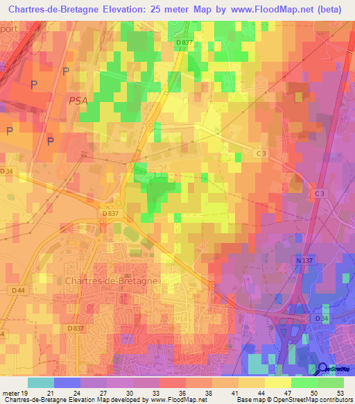 Chartres-de-Bretagne,France Elevation Map