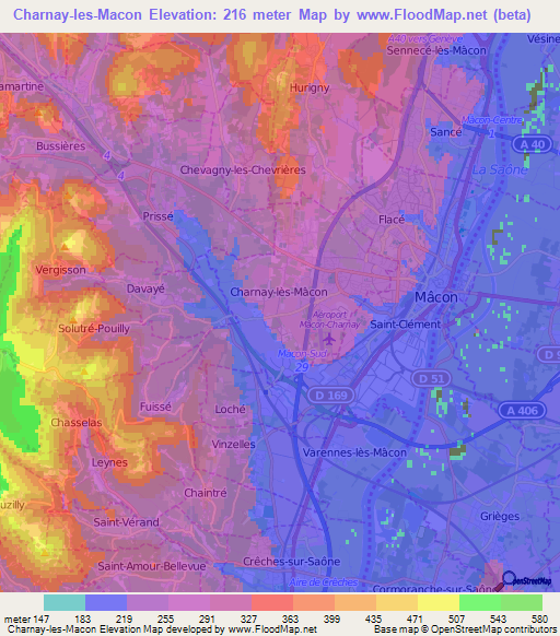 Charnay-les-Macon,France Elevation Map