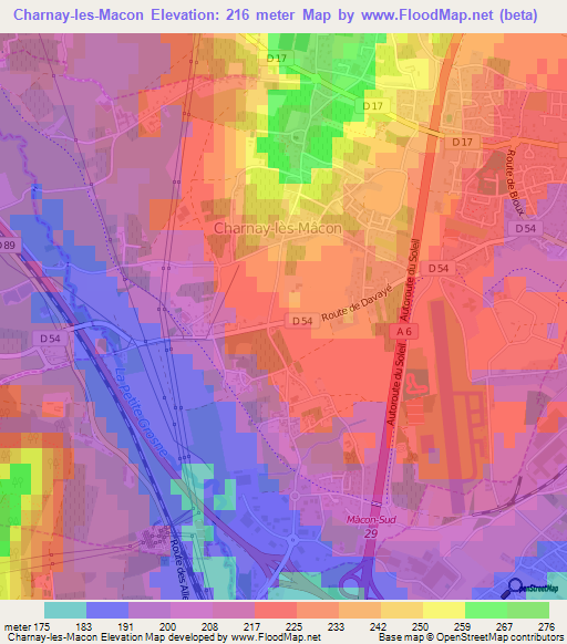 Charnay-les-Macon,France Elevation Map