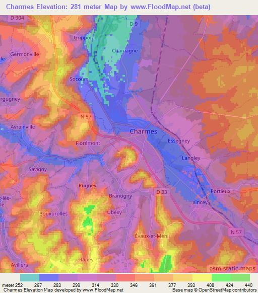 Charmes,France Elevation Map