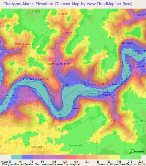 Charly-sur-Marne,France Elevation Map