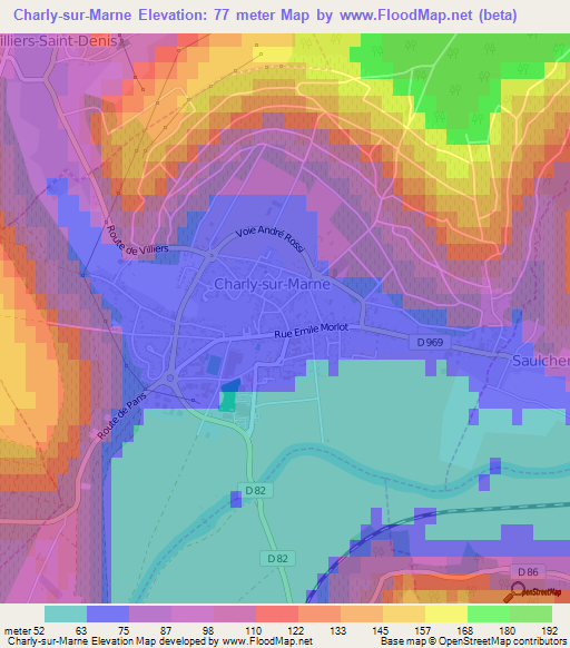 Charly-sur-Marne,France Elevation Map