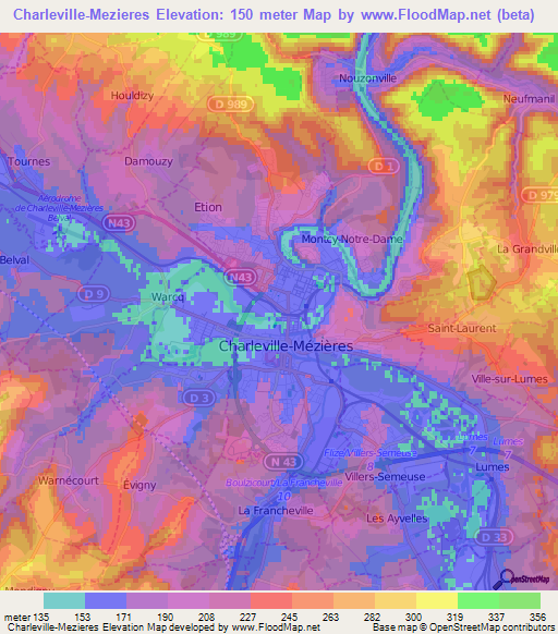 Charleville-Mezieres,France Elevation Map