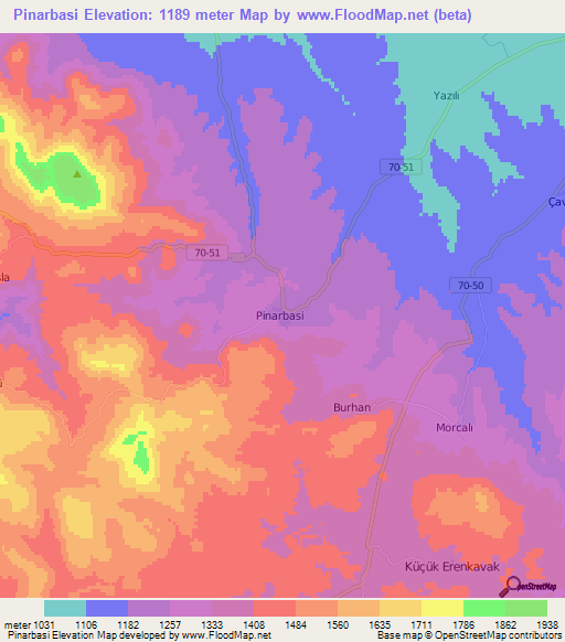 Pinarbasi,Turkey Elevation Map