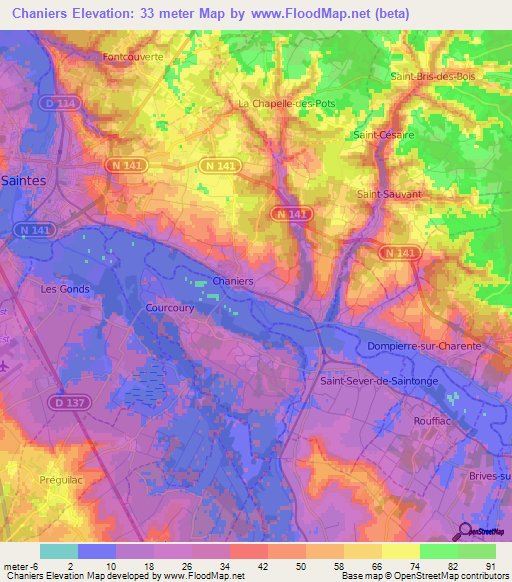 Chaniers,France Elevation Map