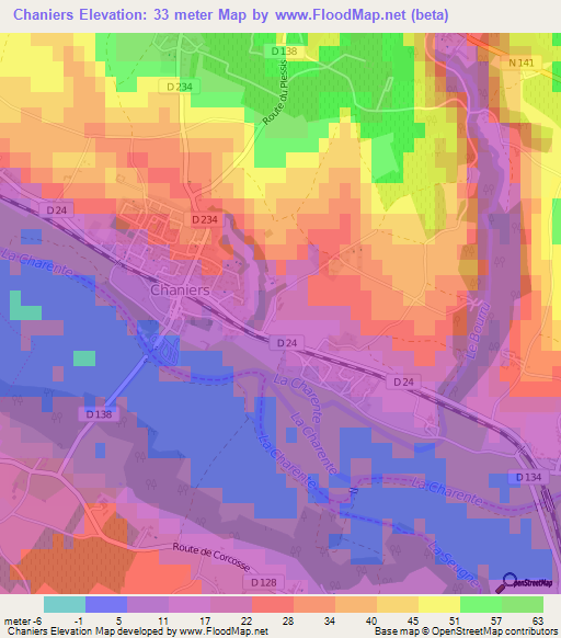 Chaniers,France Elevation Map